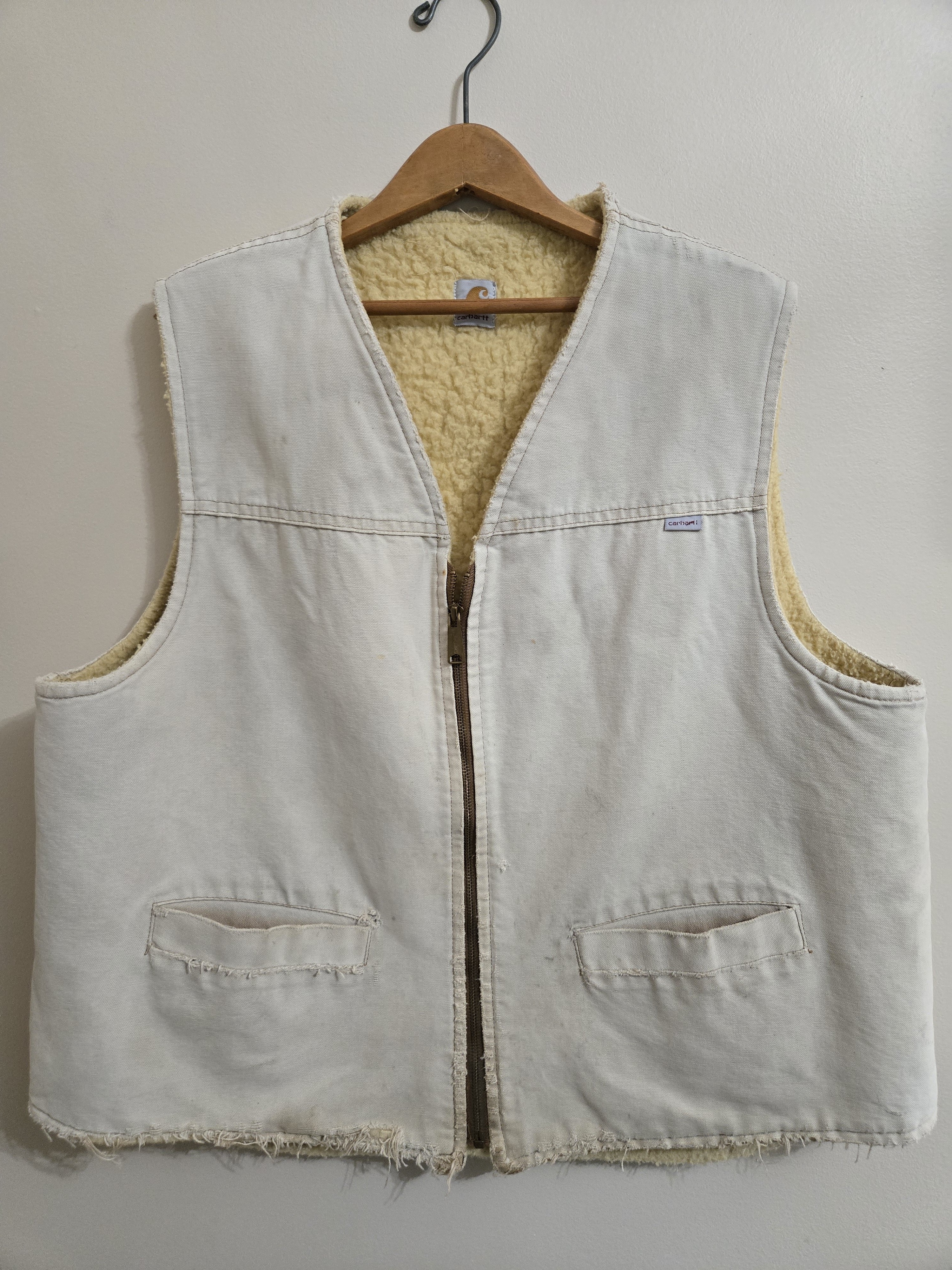 Vintage Distressed Carhartt Sherpa Lined Duck Vest Cream Mens Xxlt Workwear